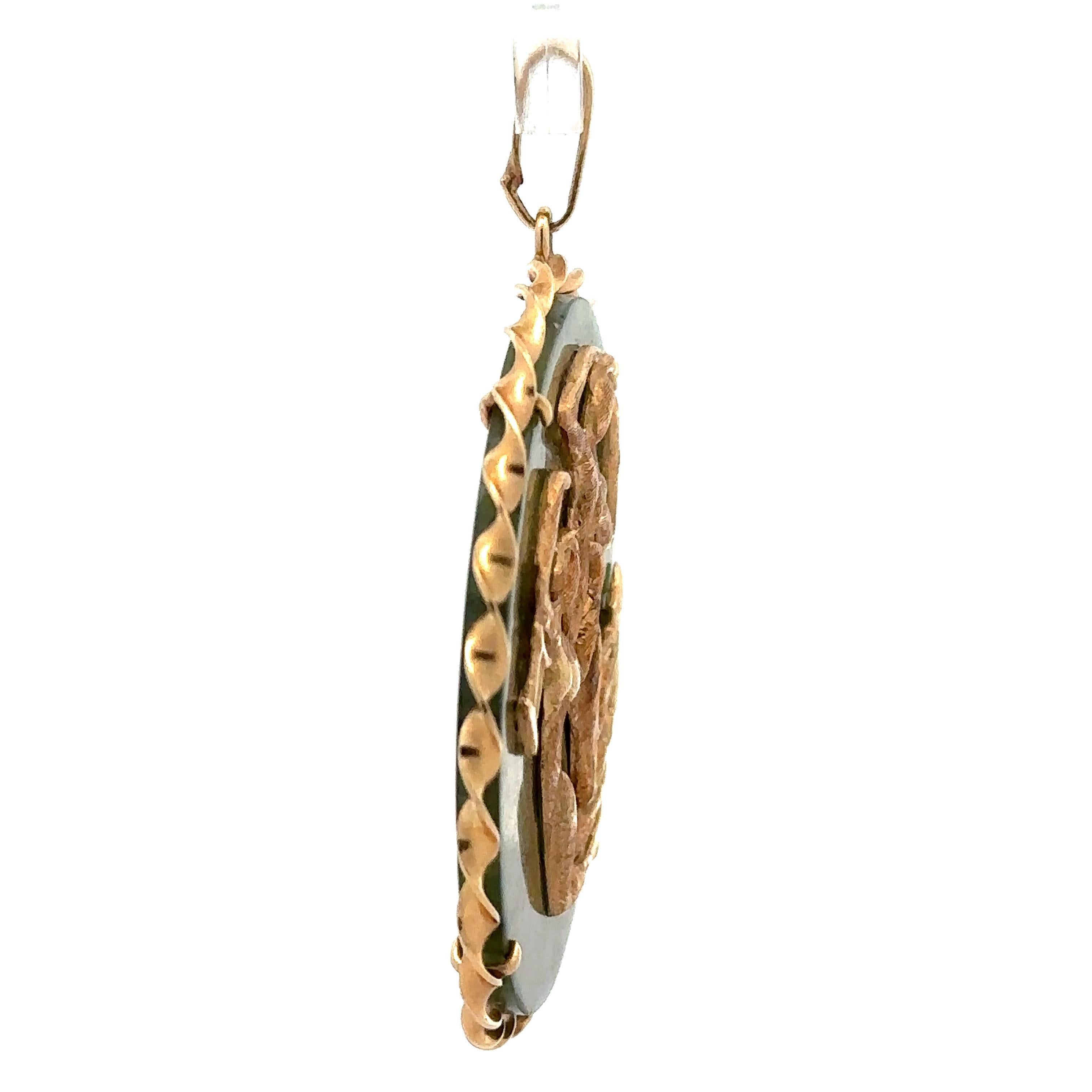 Round Cut Vintage Gold Round Jade Gemini Zodiac Twisted Wire Frame Large Disc Pendant