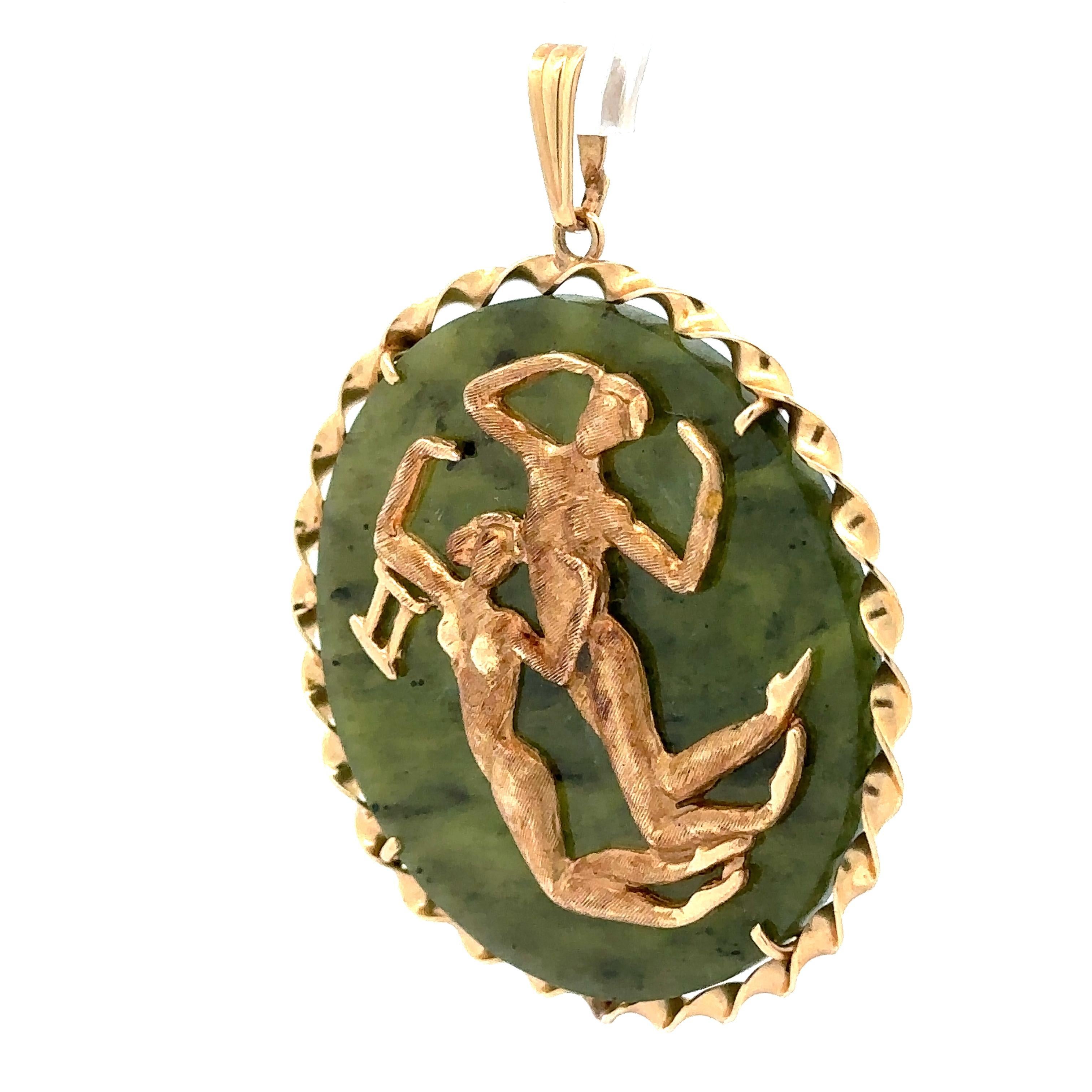 Women's Vintage Gold Round Jade Gemini Zodiac Twisted Wire Frame Large Disc Pendant