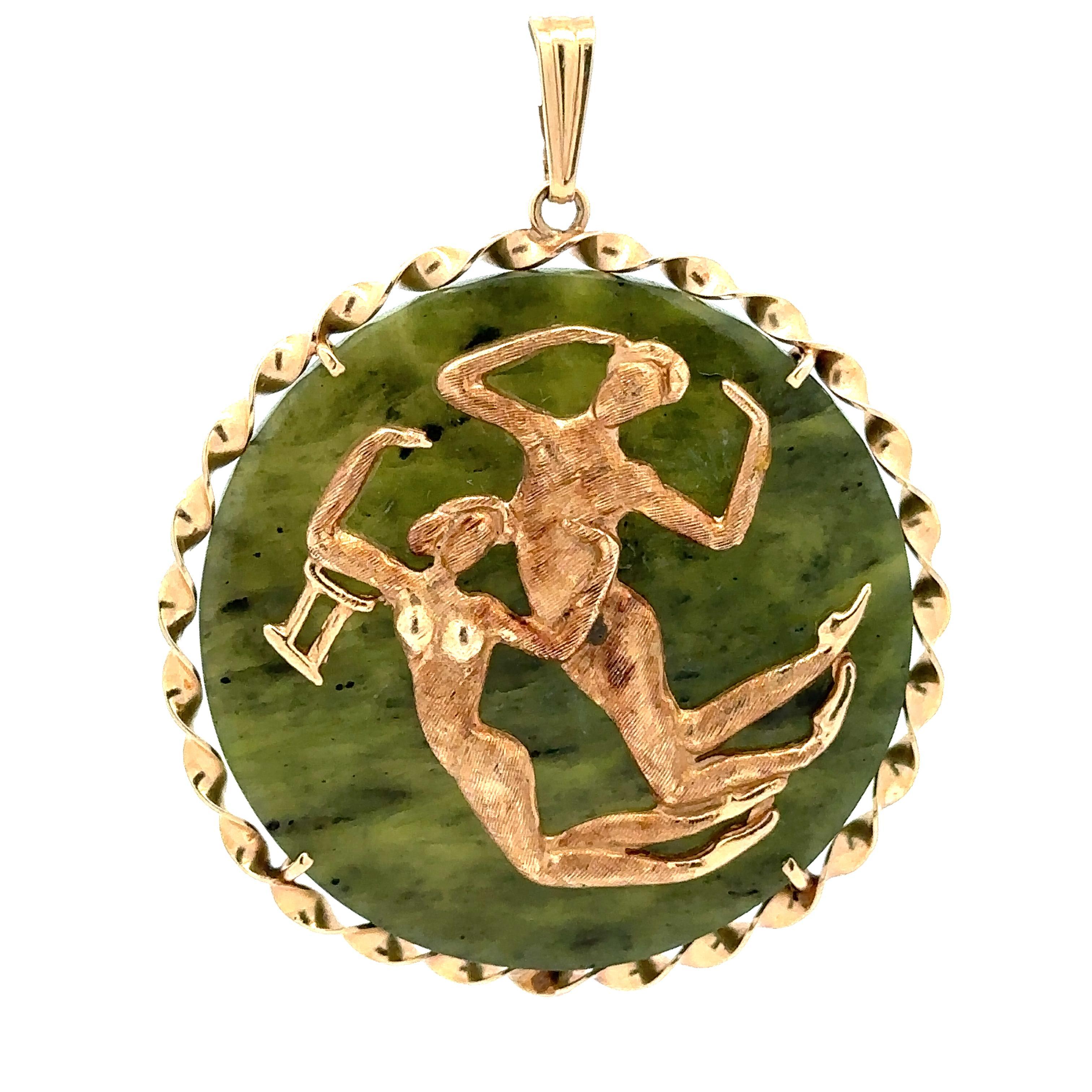 Vintage Gold Round Jade Gemini Zodiac Twisted Wire Frame Large Disc Pendant 1
