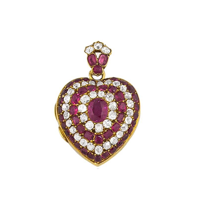 19th Century Gold Ruby & Diamond Heart Pendant; French; Ca 1880