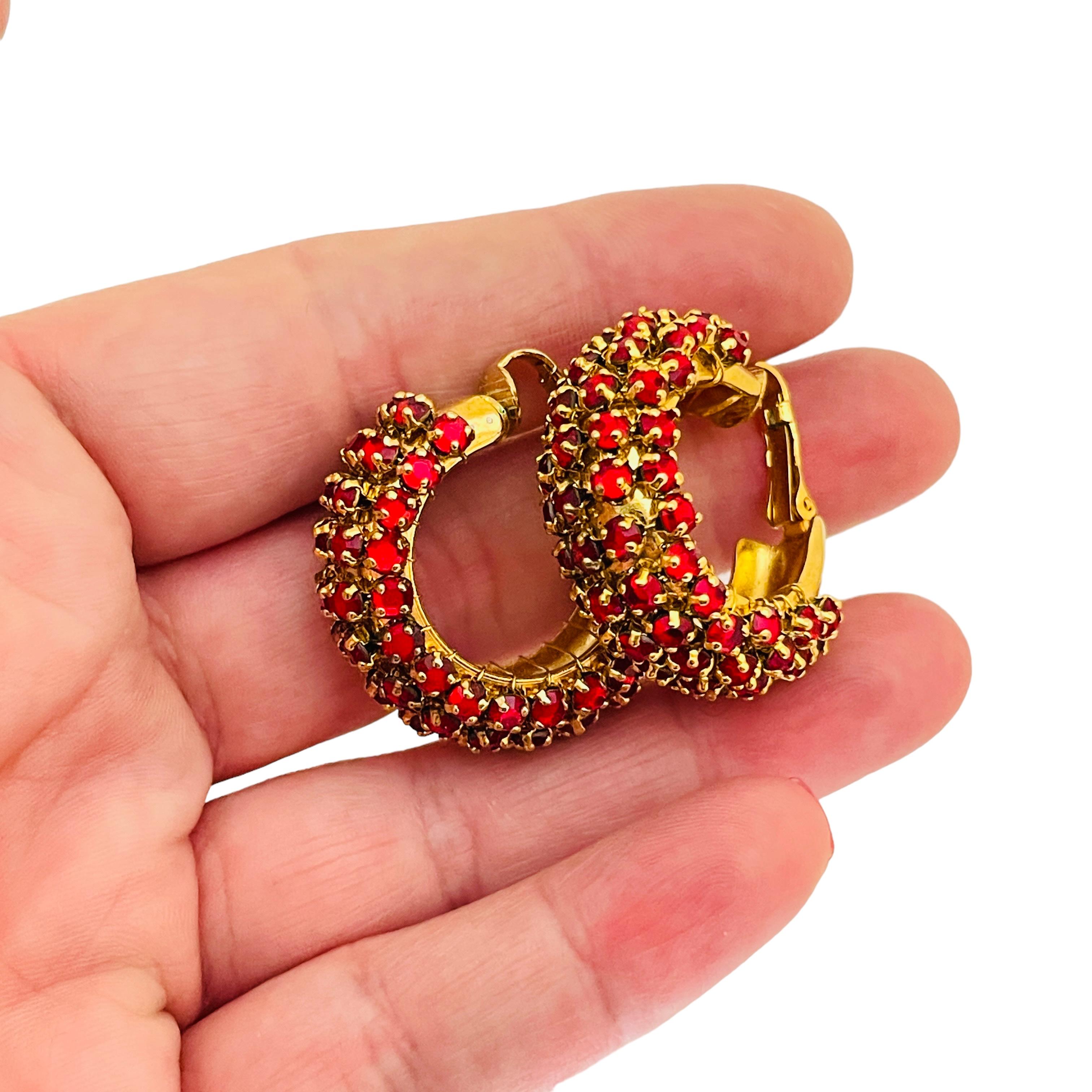 Vintage gold ruby red crystals hoop designer runway clip on earrings For Sale 1