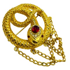 Vintage gold ruby red eyes rhinestone snake dangle chains designer brooch