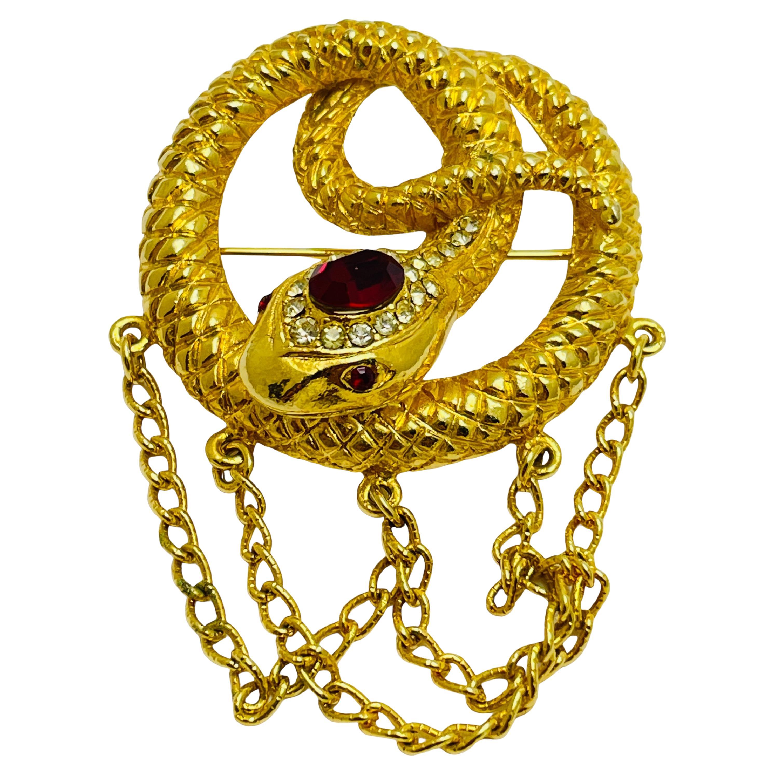 Vintage gold ruby red eyes rhinestone snake dangle chains designer brooch For Sale