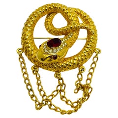 Vintage gold ruby red eyes rhinestone snake dangle chains designer brooch