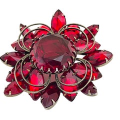 Vintage gold ruby red glass designer brooch