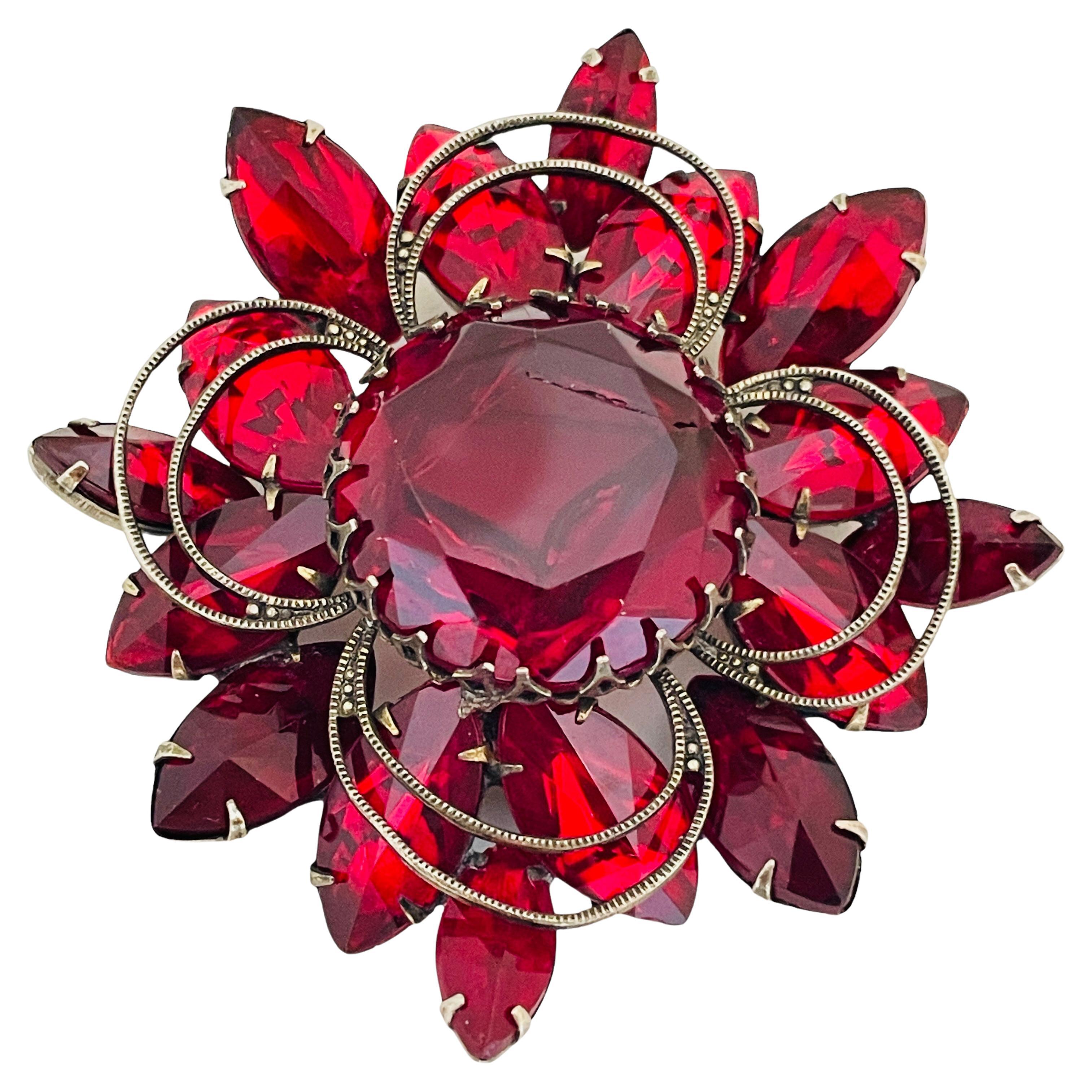 Vintage gold ruby red glass designer brooch