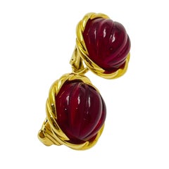 Vintage gold ruby red glass designer clip on earrings