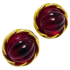 Orecchini a clip vintage in vetro rosso rubino d'oro