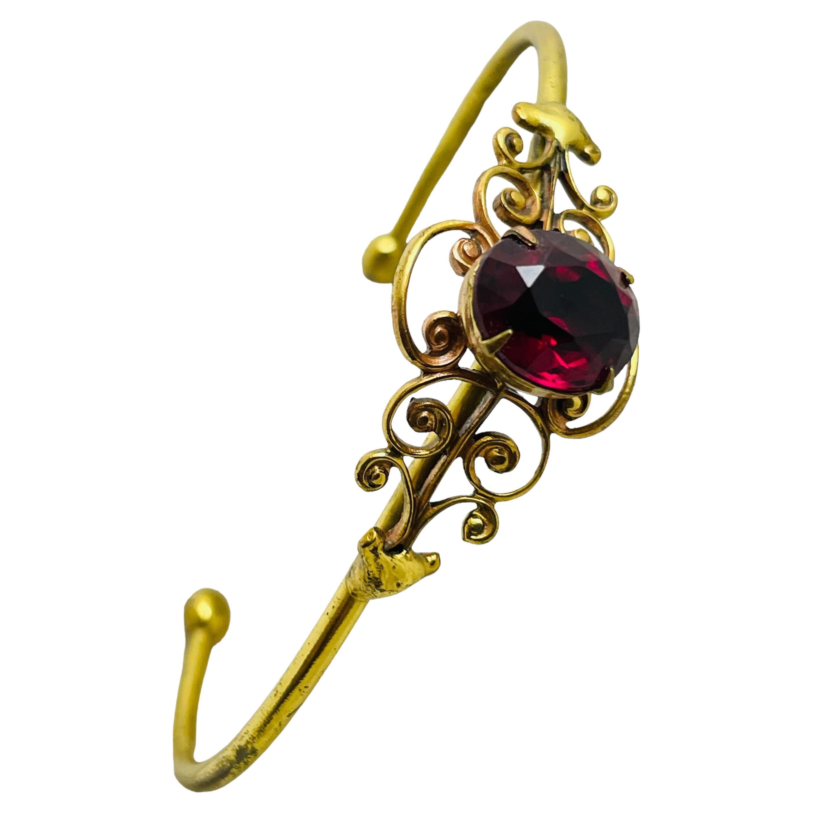 Vintage gold ruby red glass designer cuff bracelet 