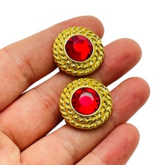 Vintage gold ruby red glass designer runway clip on earrings