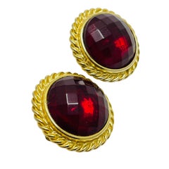 Vintage gold ruby red glass designer runway clip on earrings
