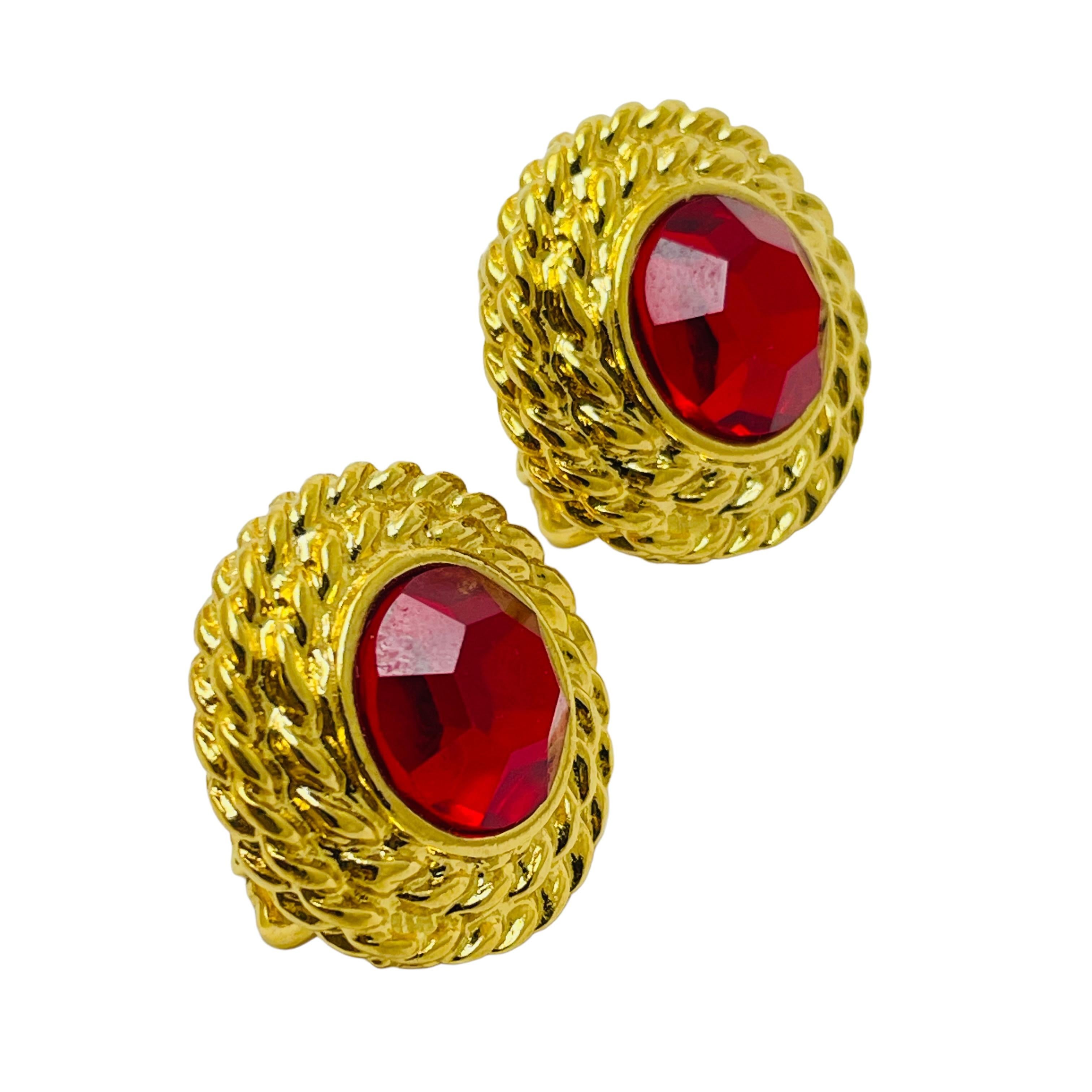 Women's or Men's Vintage gold ruby red glass designer runway clip on earrings For Sale