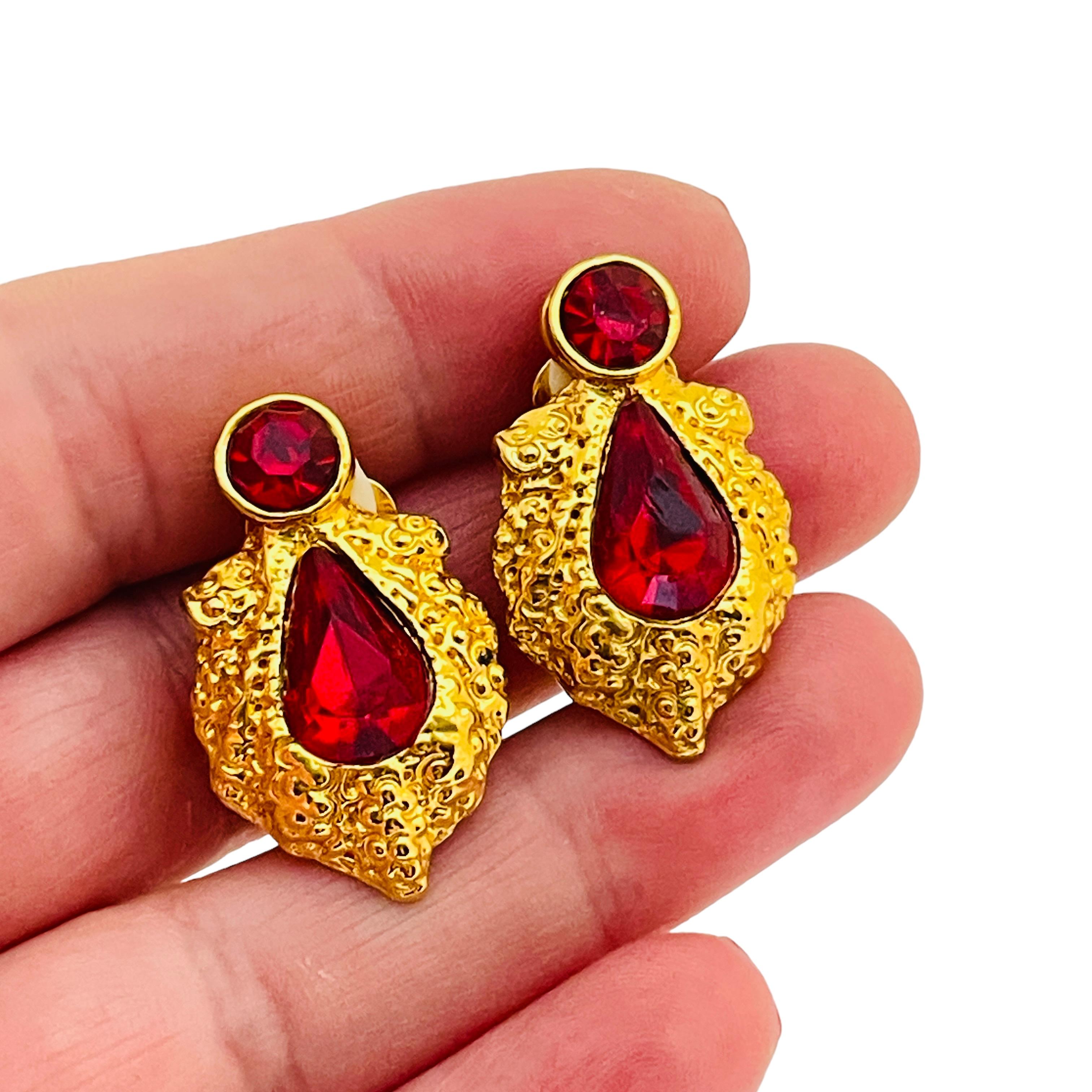 De las mujeres Pendientes de clip vintage de oro rubí rojo cristal de diseño de pasarela en venta
