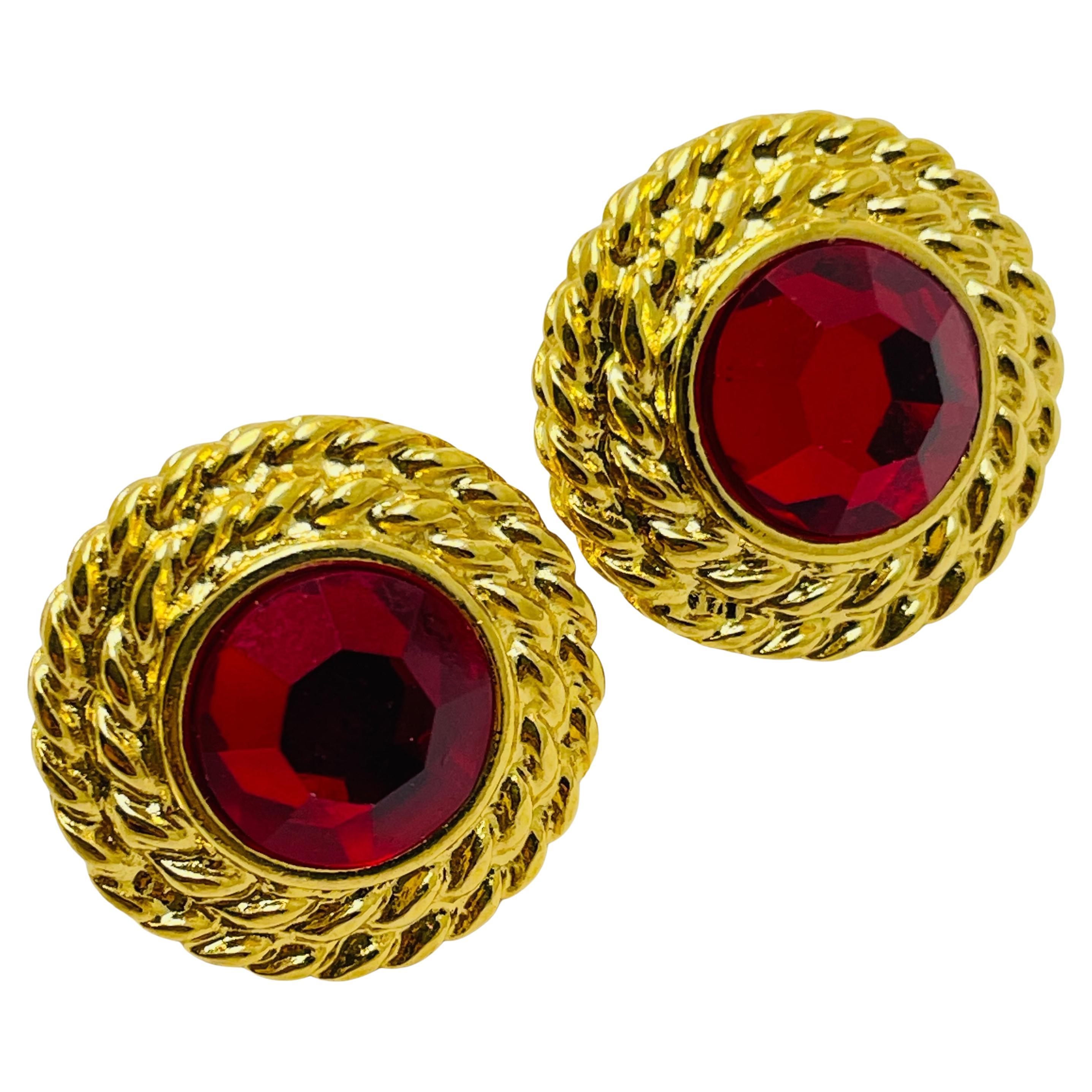 Vintage gold ruby red glass designer runway clip on earrings For Sale