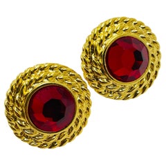 Vintage gold ruby red glass designer runway clip on earrings