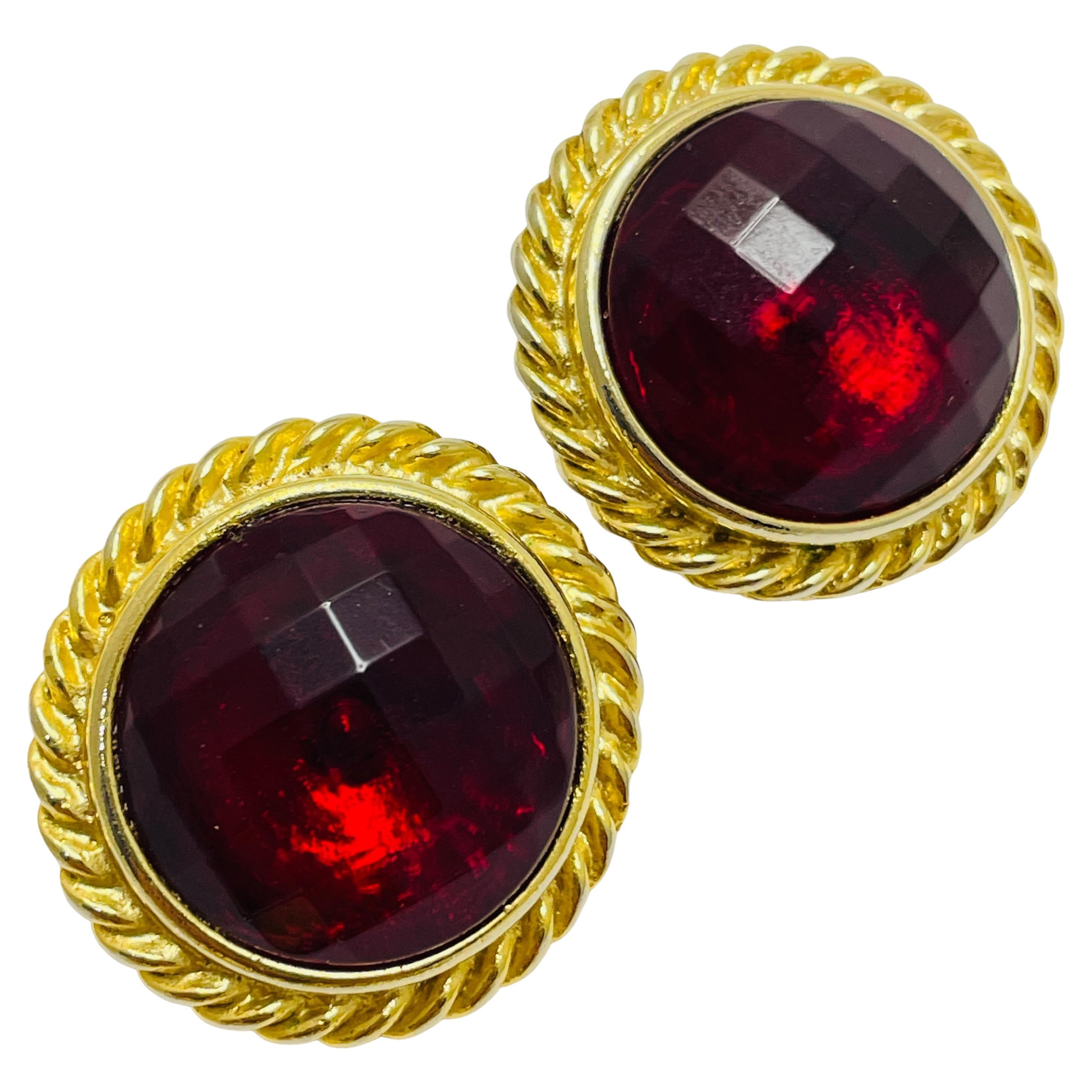 Vintage gold ruby red glass designer runway clip on earrings For Sale
