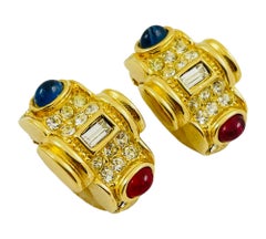 Vintage gold ruby sapphire glass cabochon rhinestone designer runway clip on ear
