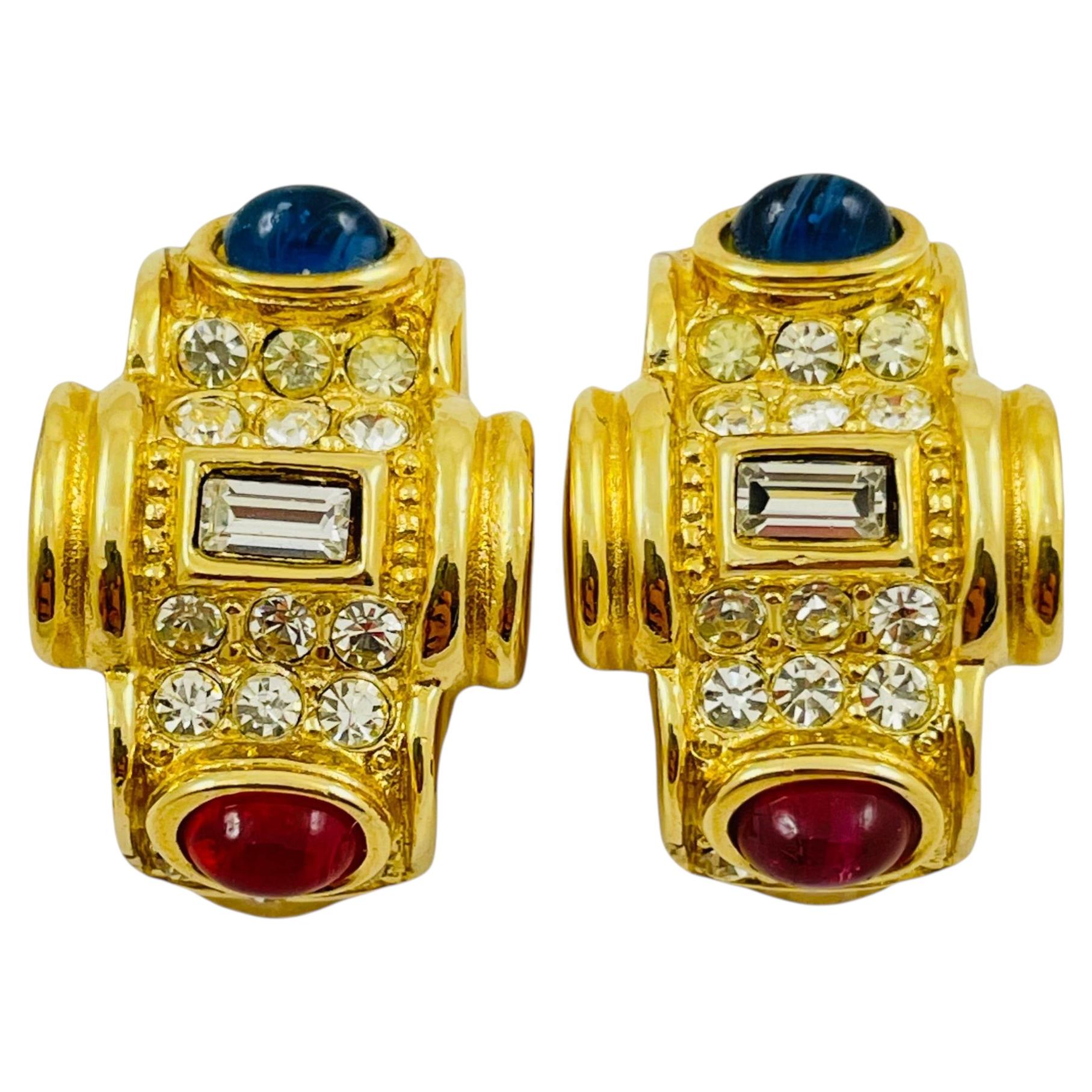 Vintage gold ruby sapphire glass cabochon rhinestone designer runway clip on ear