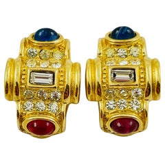 Vintage gold ruby sapphire glass cabochon rhinestone designer runway clip on ear