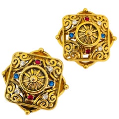 Vintage gold ruby sapphire rhinestone designer runway clip on earrings Vintage gold ruby sapphire rhinestone designer runway clip on earrings