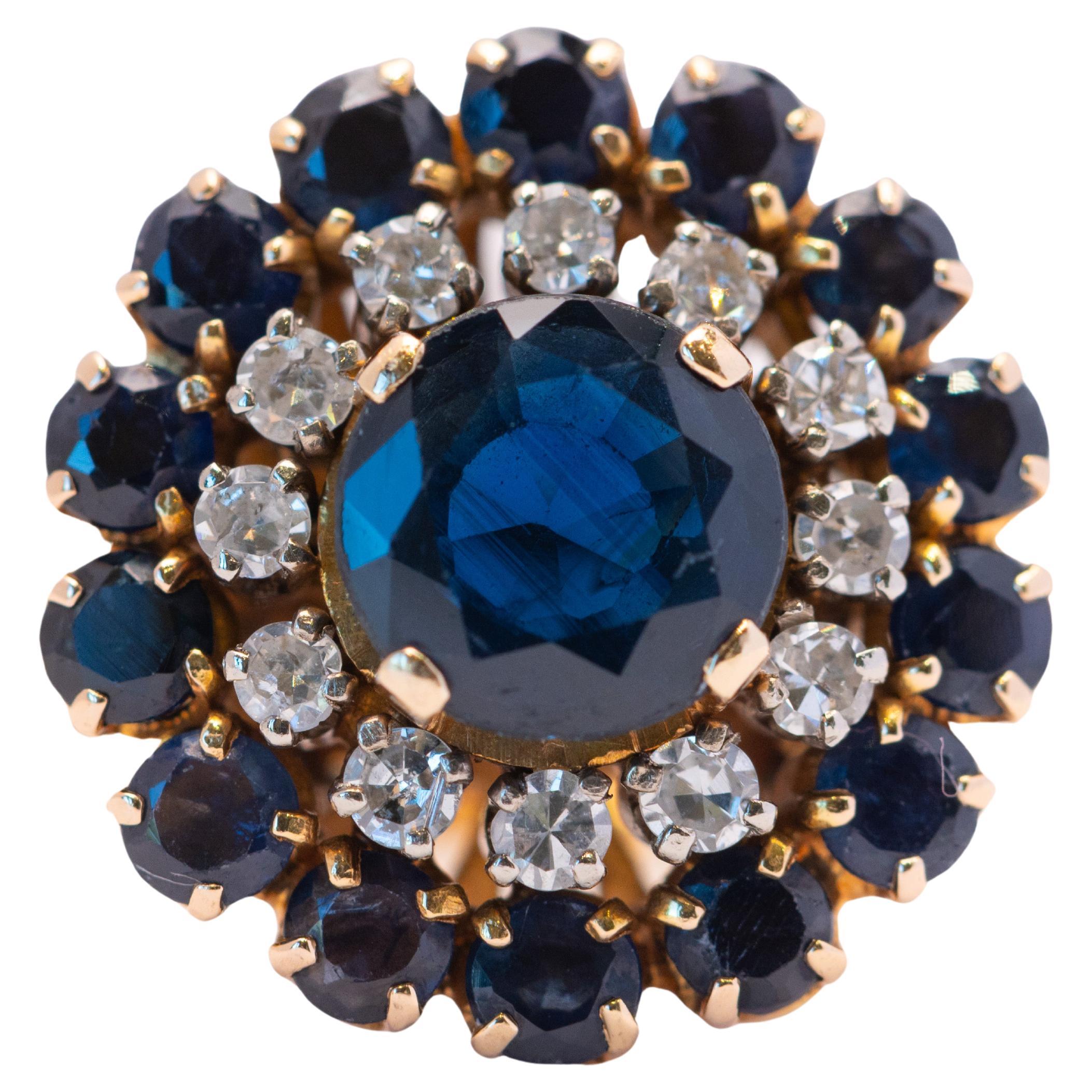 Vintage Gold Sapphire and Diamond Cluster Ring For Sale