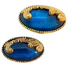 Vintage gold sapphire blue resin designer runway clip on earrings