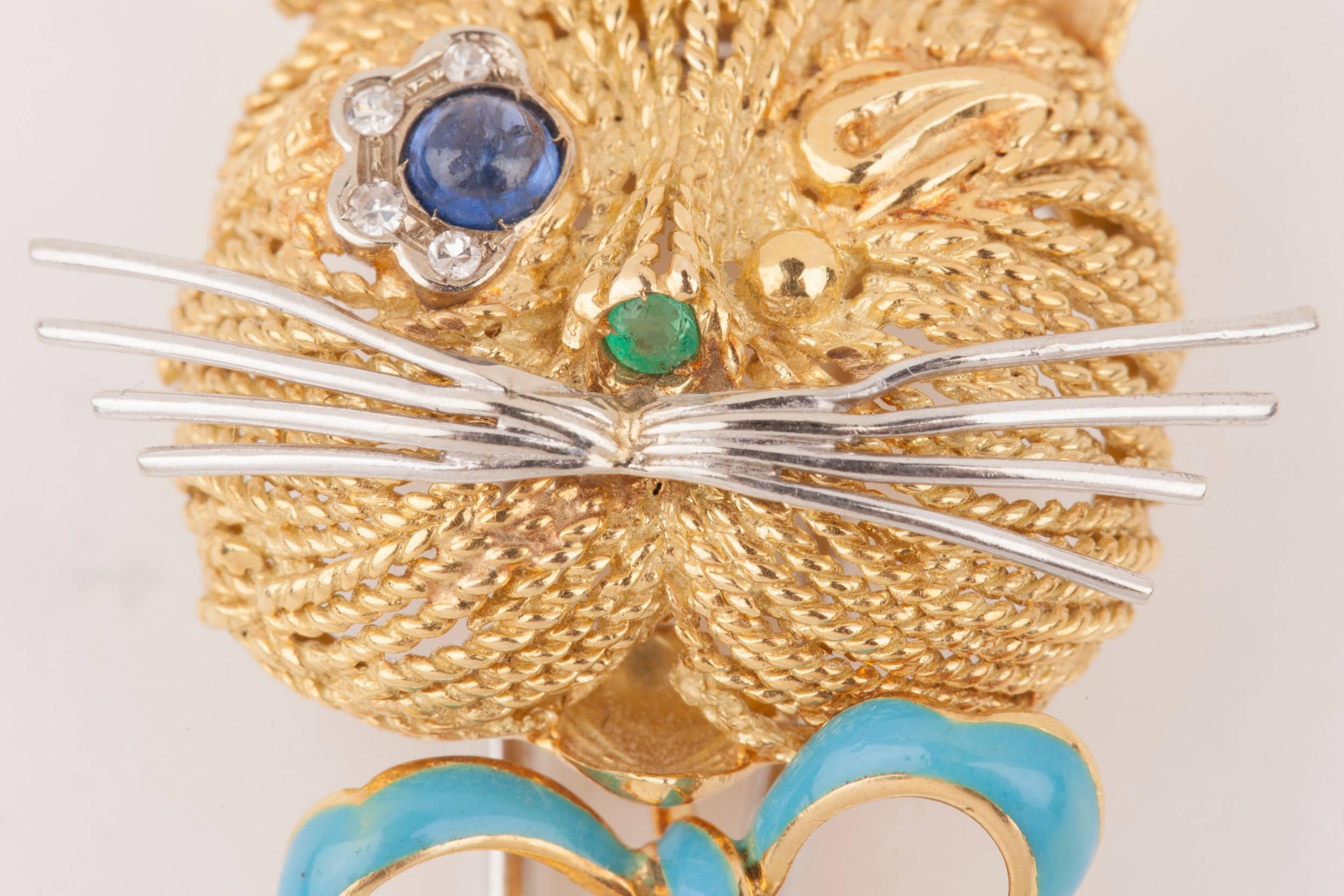 Vintage Gold Sapphire Diamonds and Enamel French Cat Brooch 5