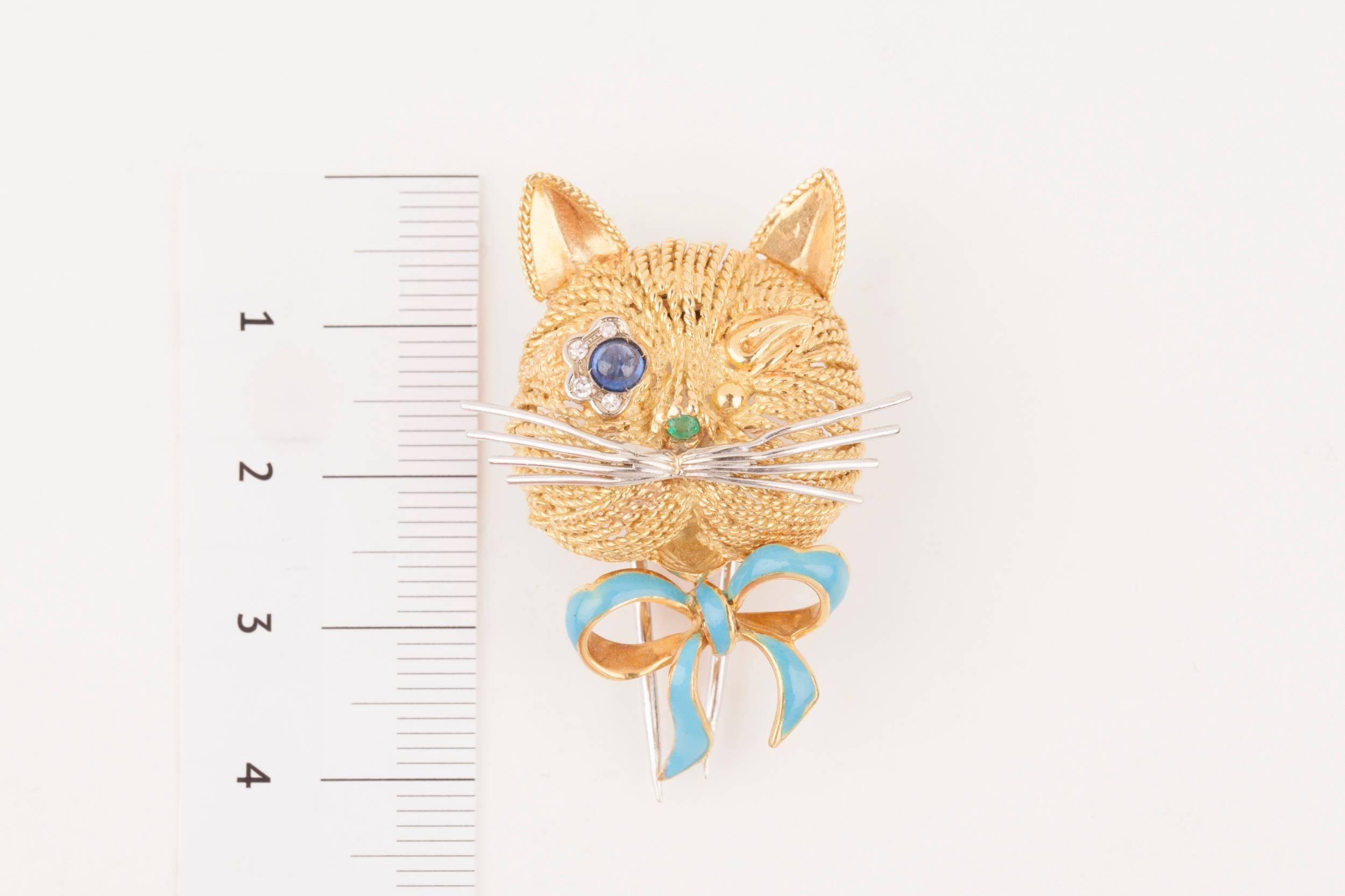 Women's Vintage Gold Sapphire Diamonds and Enamel French Cat Brooch