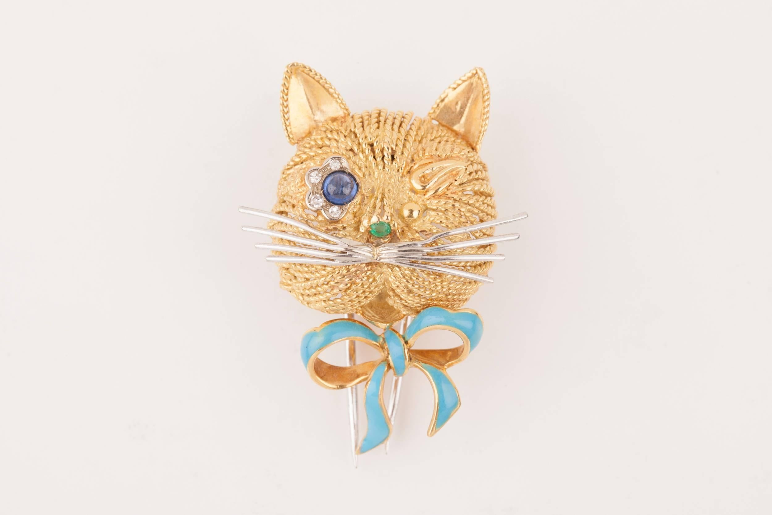 Vintage Gold Sapphire Diamonds and Enamel French Cat Brooch 1