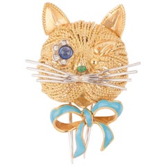 Vintage Gold Sapphire Diamonds and Enamel French Cat Brooch