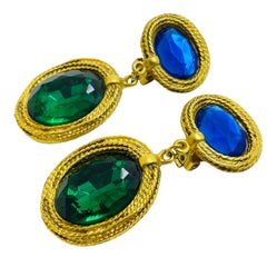 Vintage gold sapphire emerald glass designer runway clip on earrings