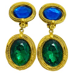 Boucles d'oreilles à clip vintage en saphir doré, émeraude et verre de designer