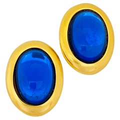 Vintage gold sapphire glass cabochon designer runway clip on earrings
