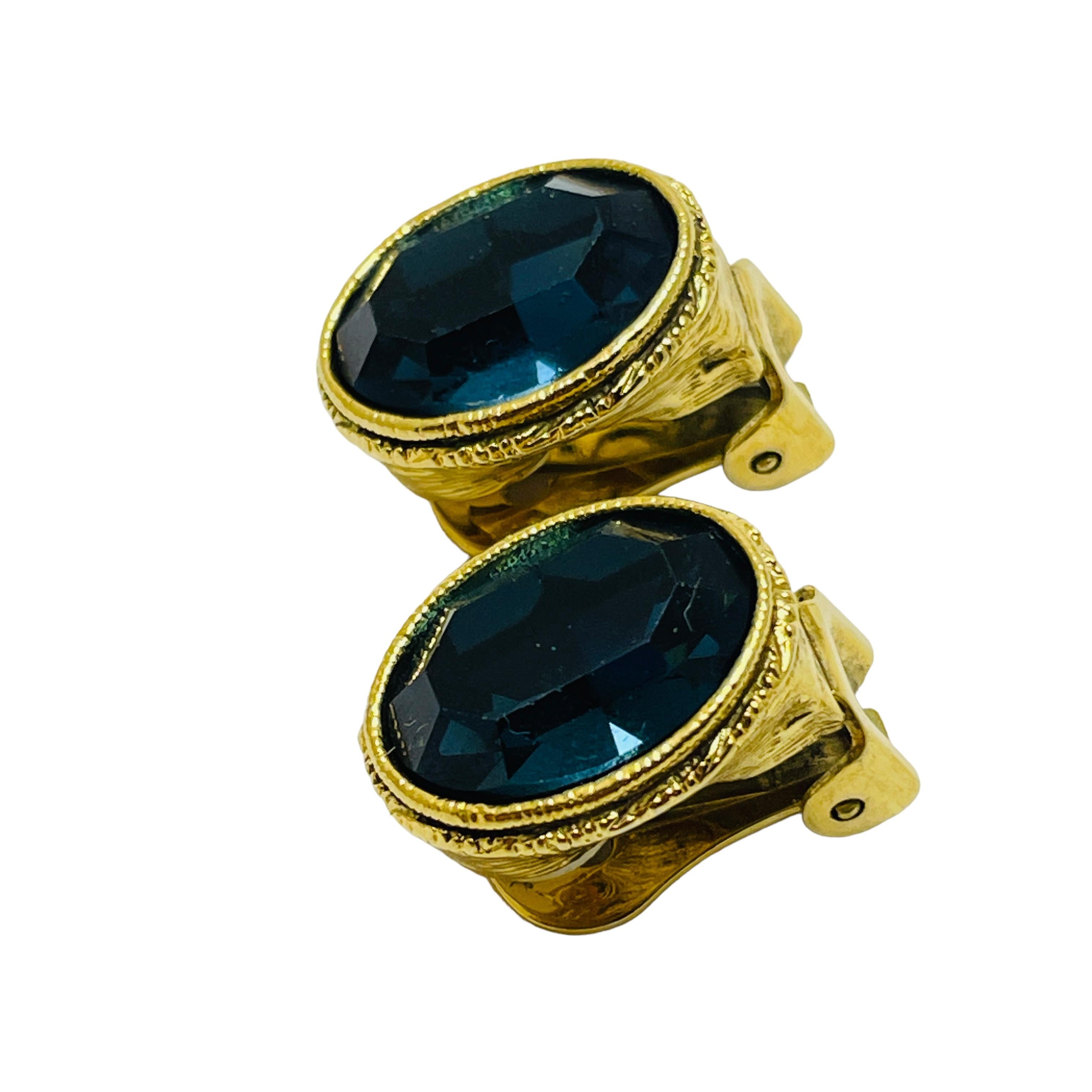 Women's or Men's Vintage gold sapphire glass designer clip on earrings For Sale