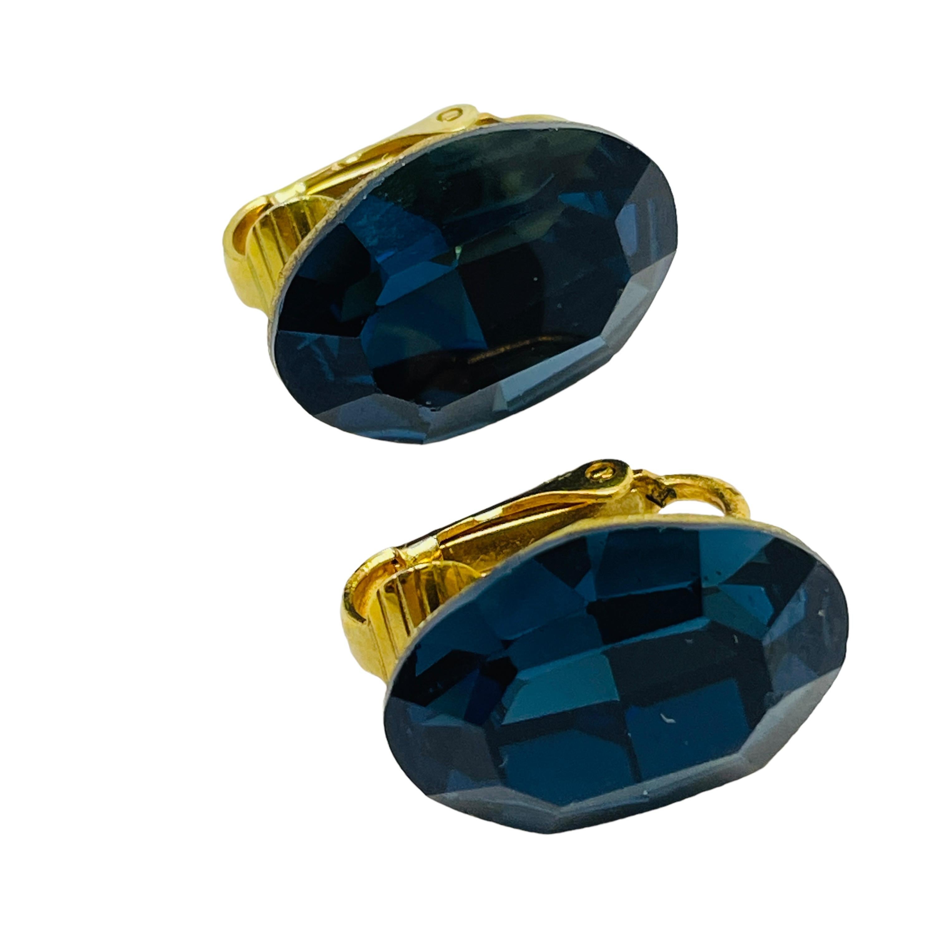Women's or Men's Vintage gold sapphire glass designer clip on earrings For Sale