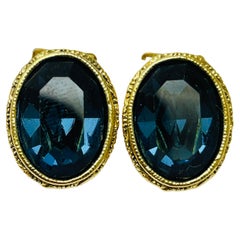 Vintage gold sapphire glass designer clip on earrings
