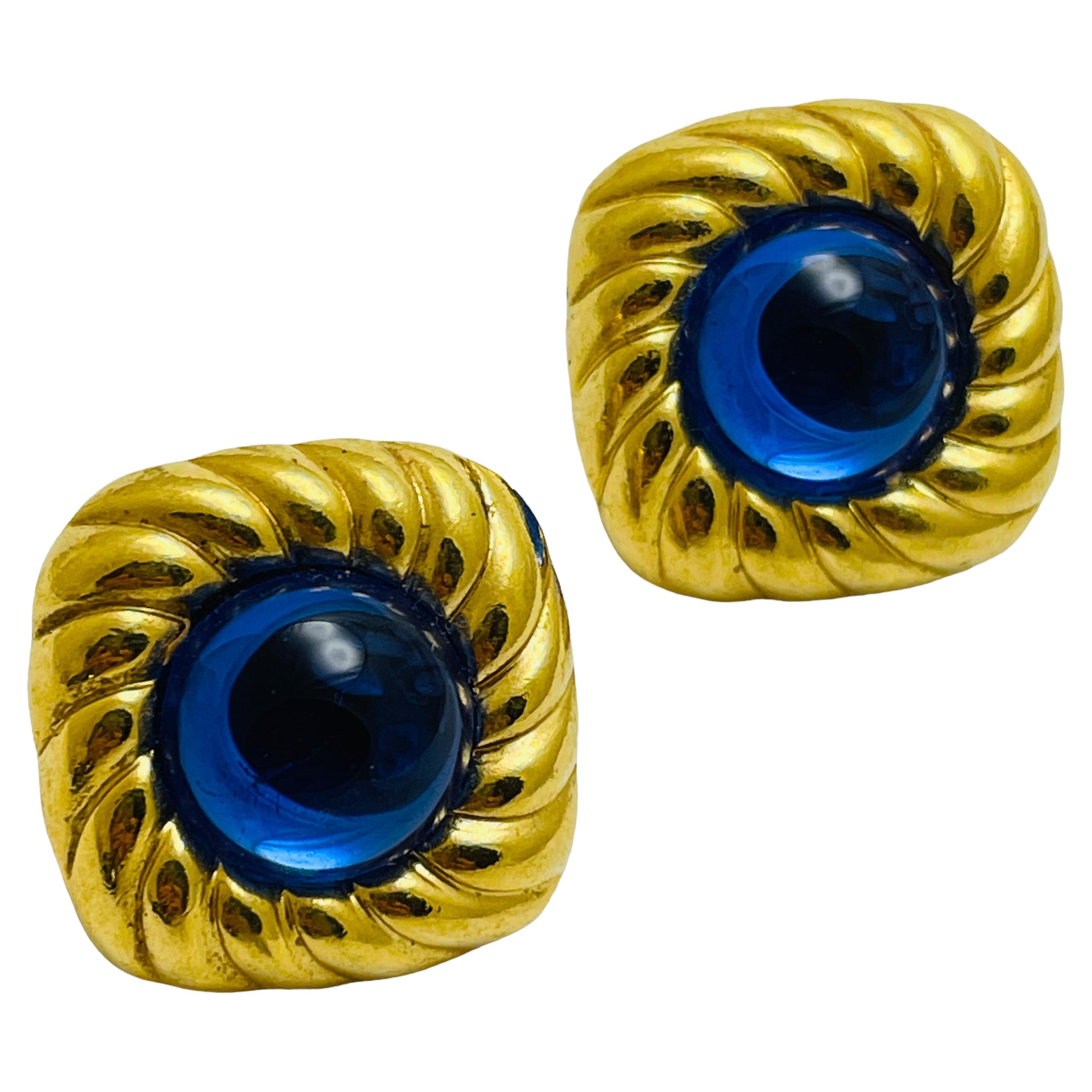 Vintage gold sapphire glass designer earrings For Sale