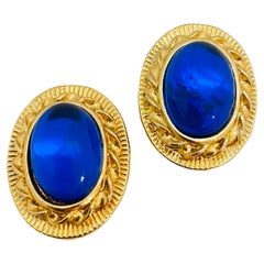 Vintage gold sapphire glass designer runway clip on earrings