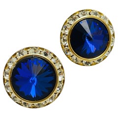 Boucles d'oreilles vintage en saphir doré et verre rivioli de designer