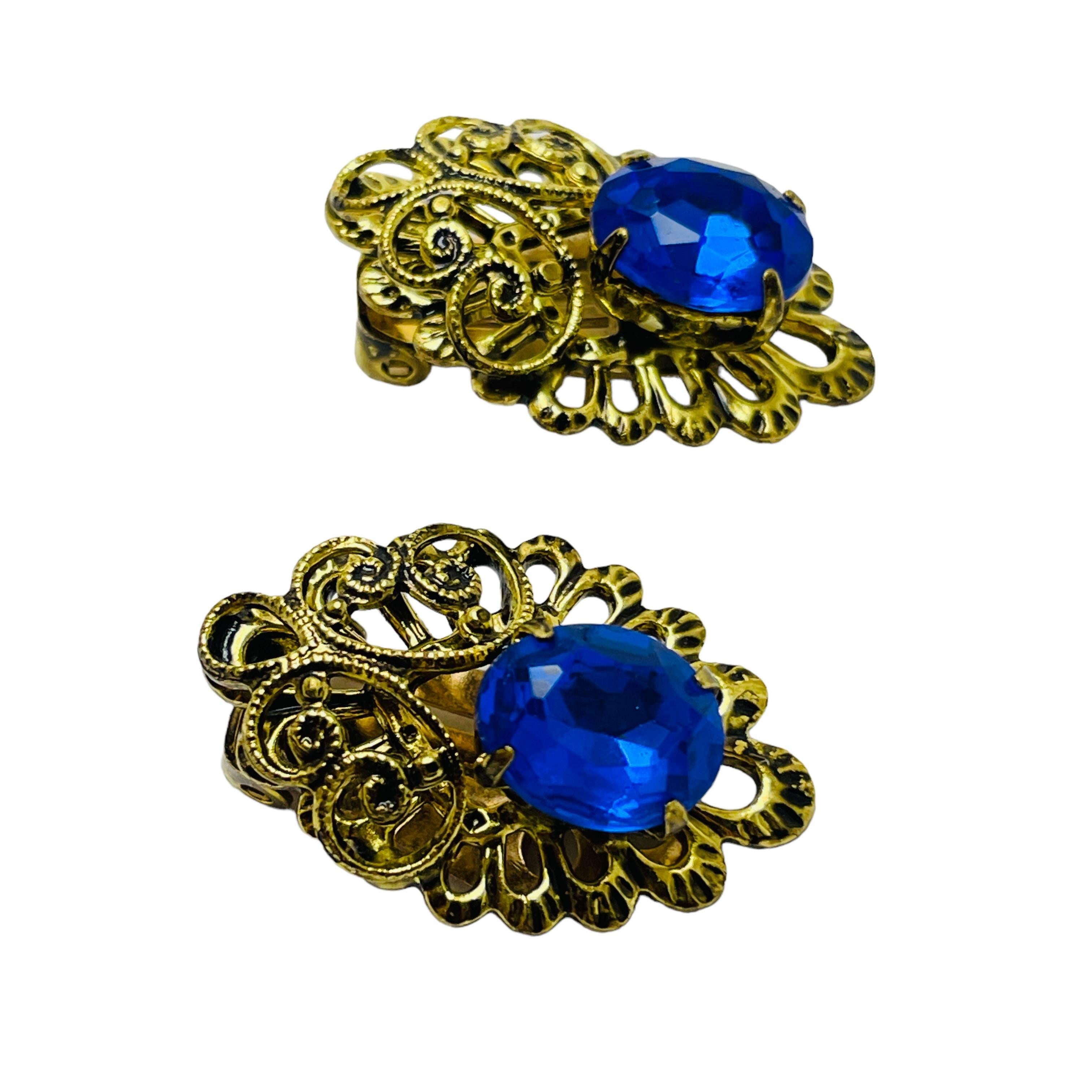 Women's or Men's Vintage gold sapphire rhinestone designer clip on earrings