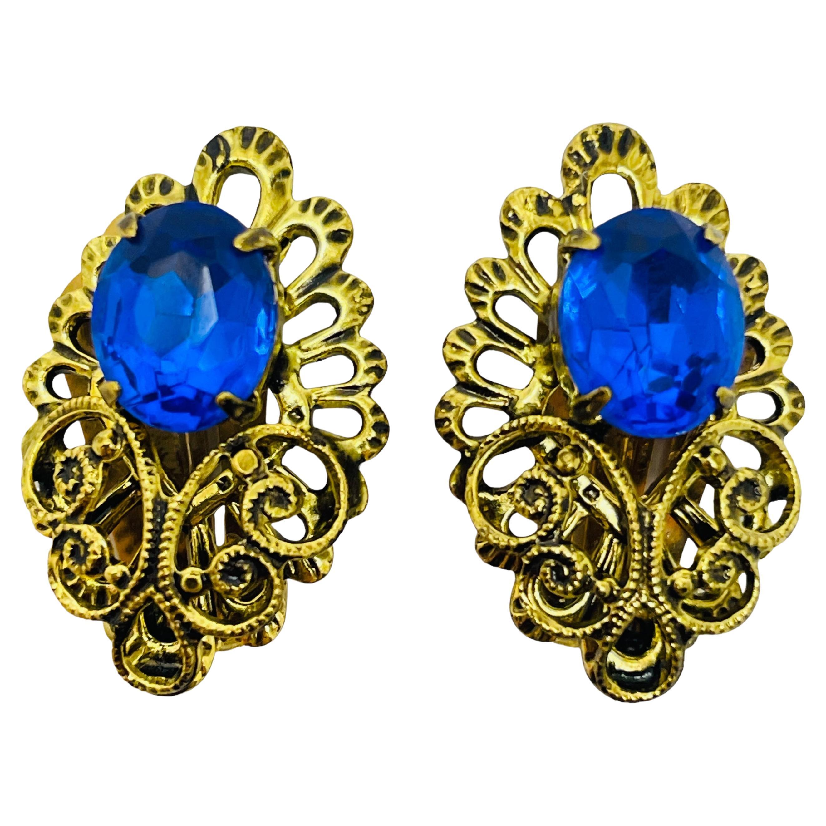 Vintage gold sapphire rhinestone designer clip on earrings