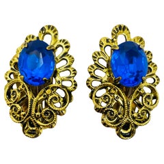 Vintage gold sapphire rhinestone designer clip on earrings
