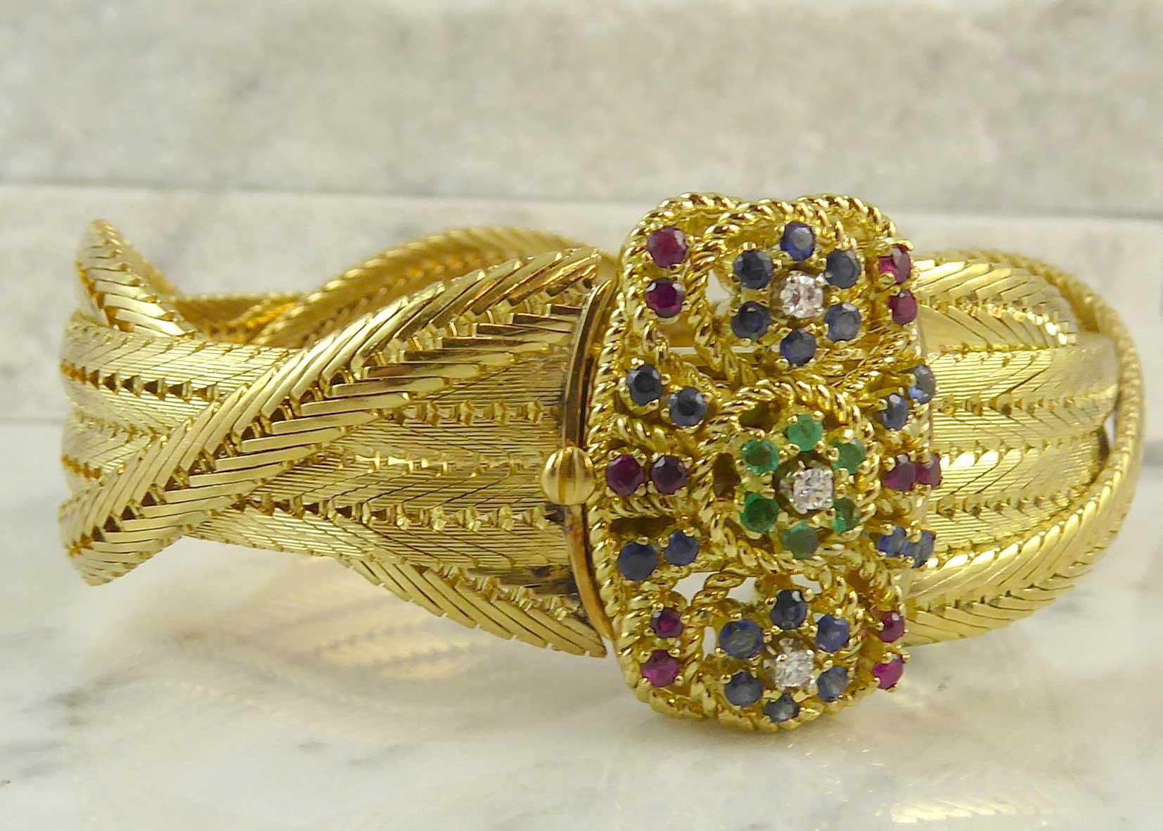 Round Cut Vintage Gold, Sapphire, Ruby Diamond Bracelet