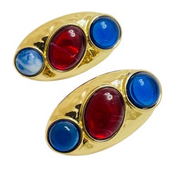Vintage gold sapphire ruby glass designer runway clip on earrings