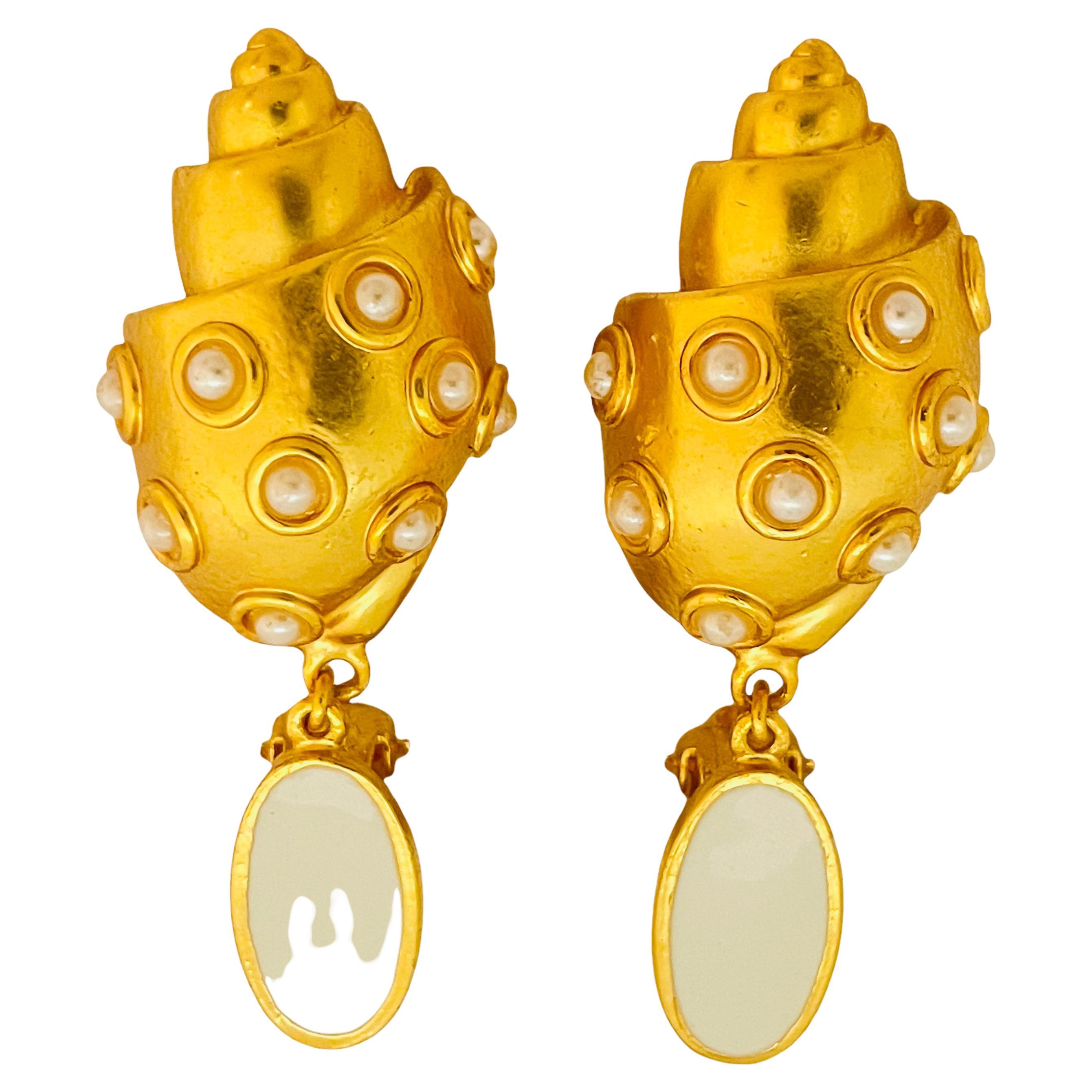 Vintage gold sea shell enamel pearl designer runway clip on earrings For Sale