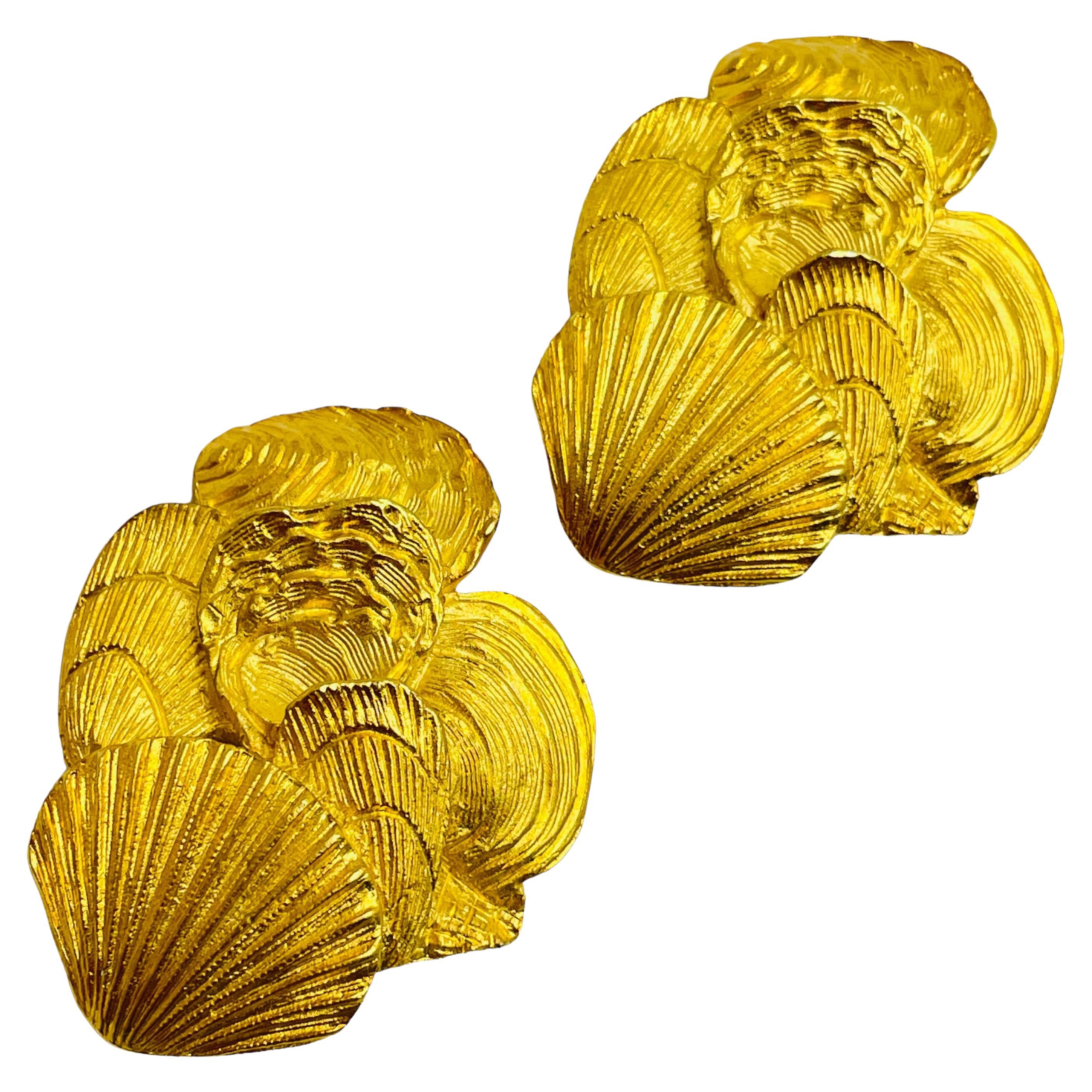 Vintage gold seashell designer clip on earrings