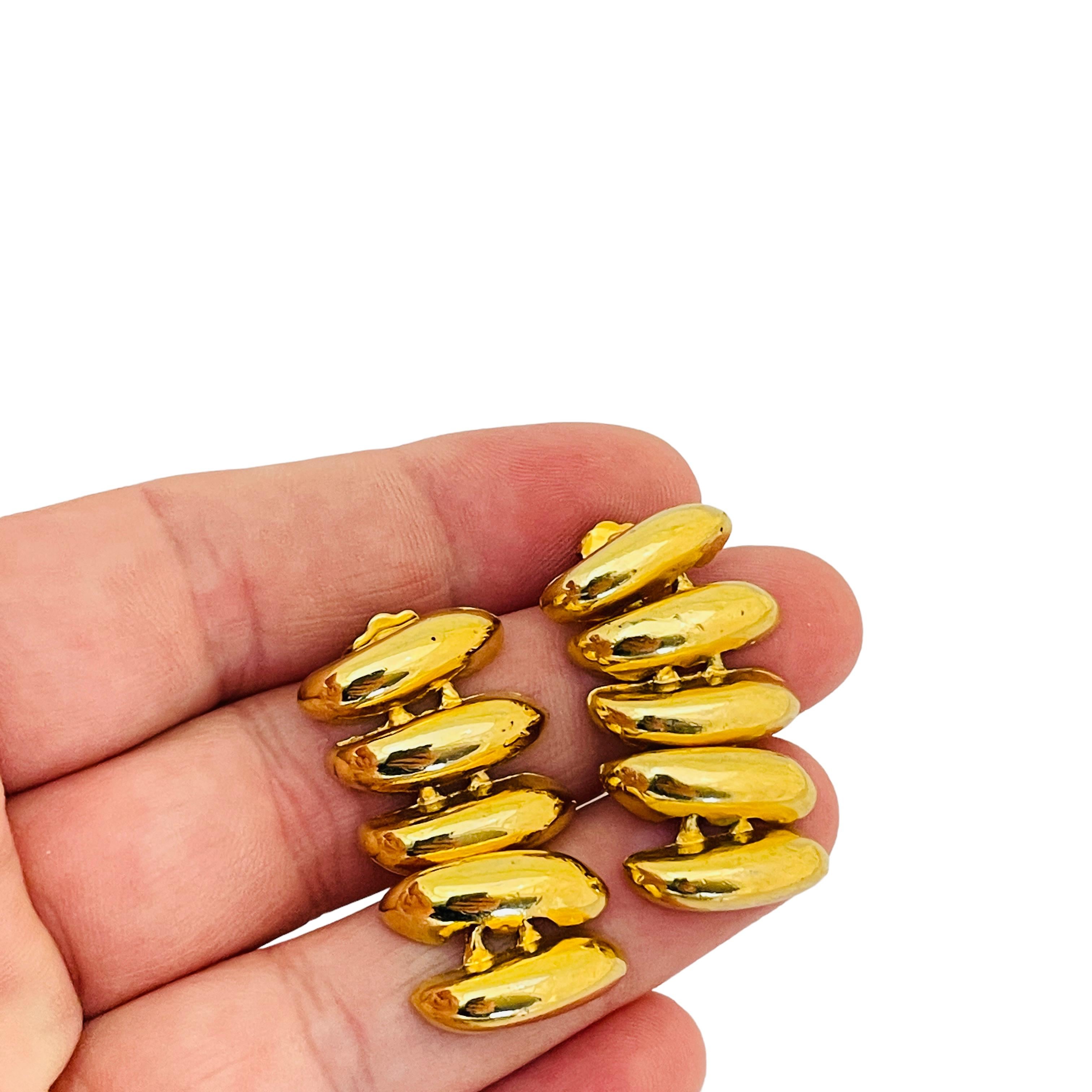 Women's or Men's Vintage gold shiny modernist drop designer runway earrings For Sale