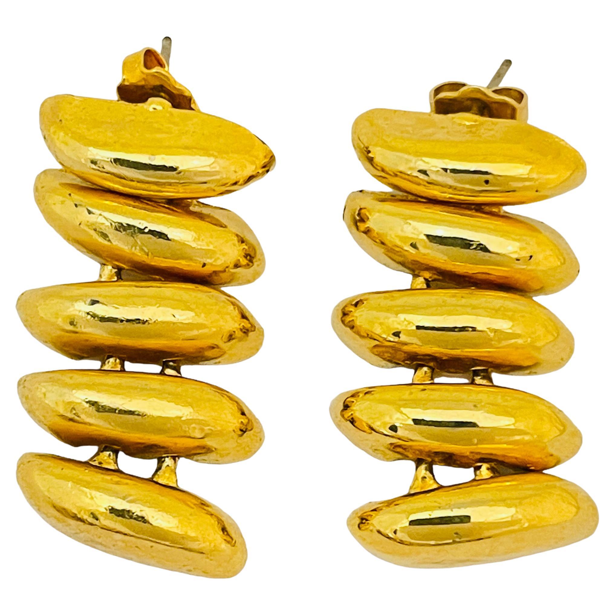 Vintage gold shiny modernist drop designer runway earrings