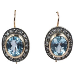 Vintage Gold, Silver, Blue Topaz and Diamond Earrings, 1950s Vintage Gold, Silver, Blue Topaz and Diamond Earrings, 1950s