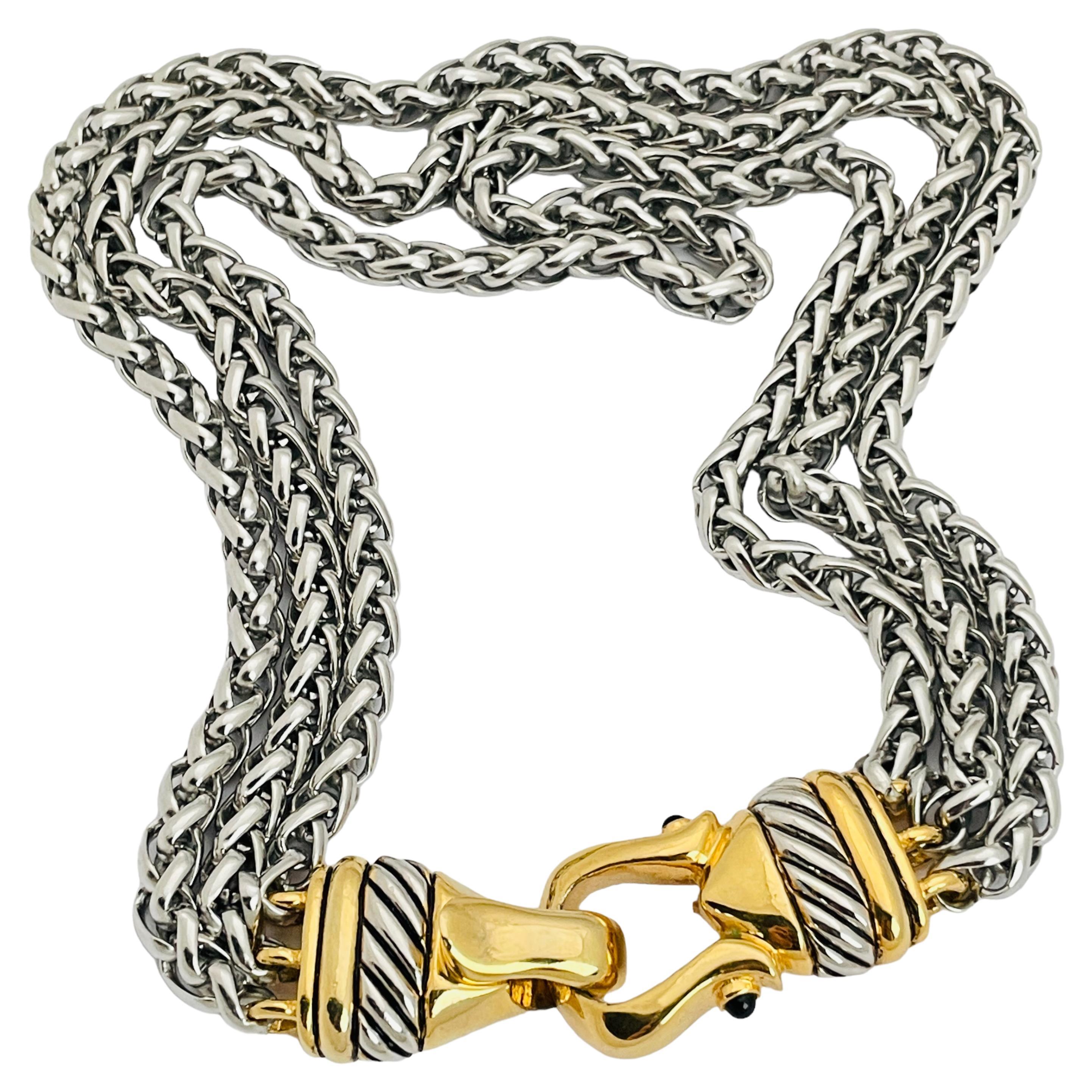 Vintage gold silver chain black cabs designer runway necklace For Sale